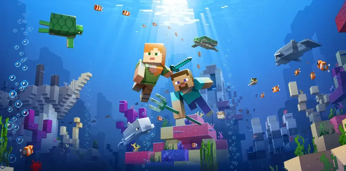 Minecraft underwater scene with pixelated players, colorful blocks, and marine elements.