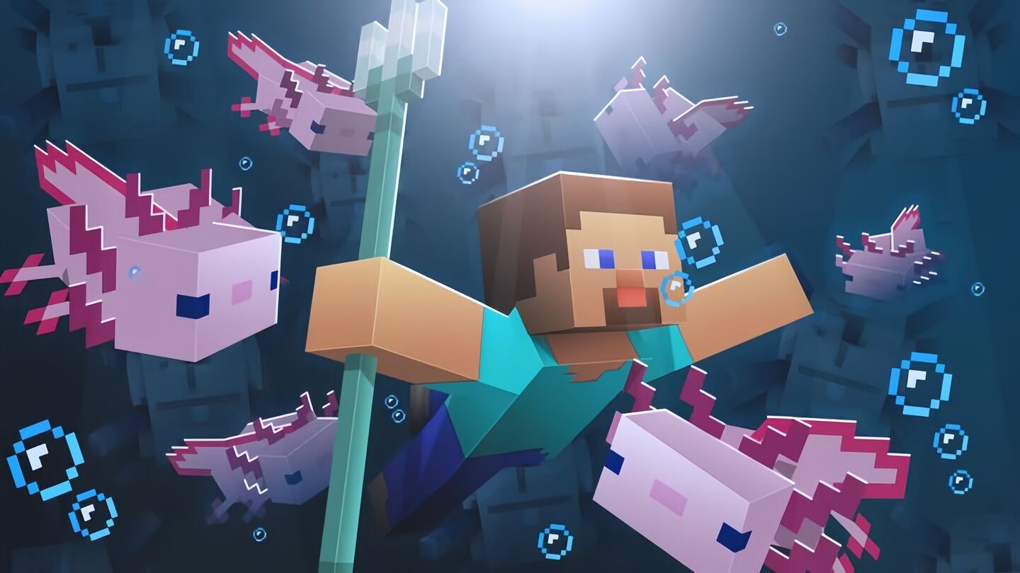 Minecraft adventure scene with pixelated Steve character surrounded by colorful axolotls